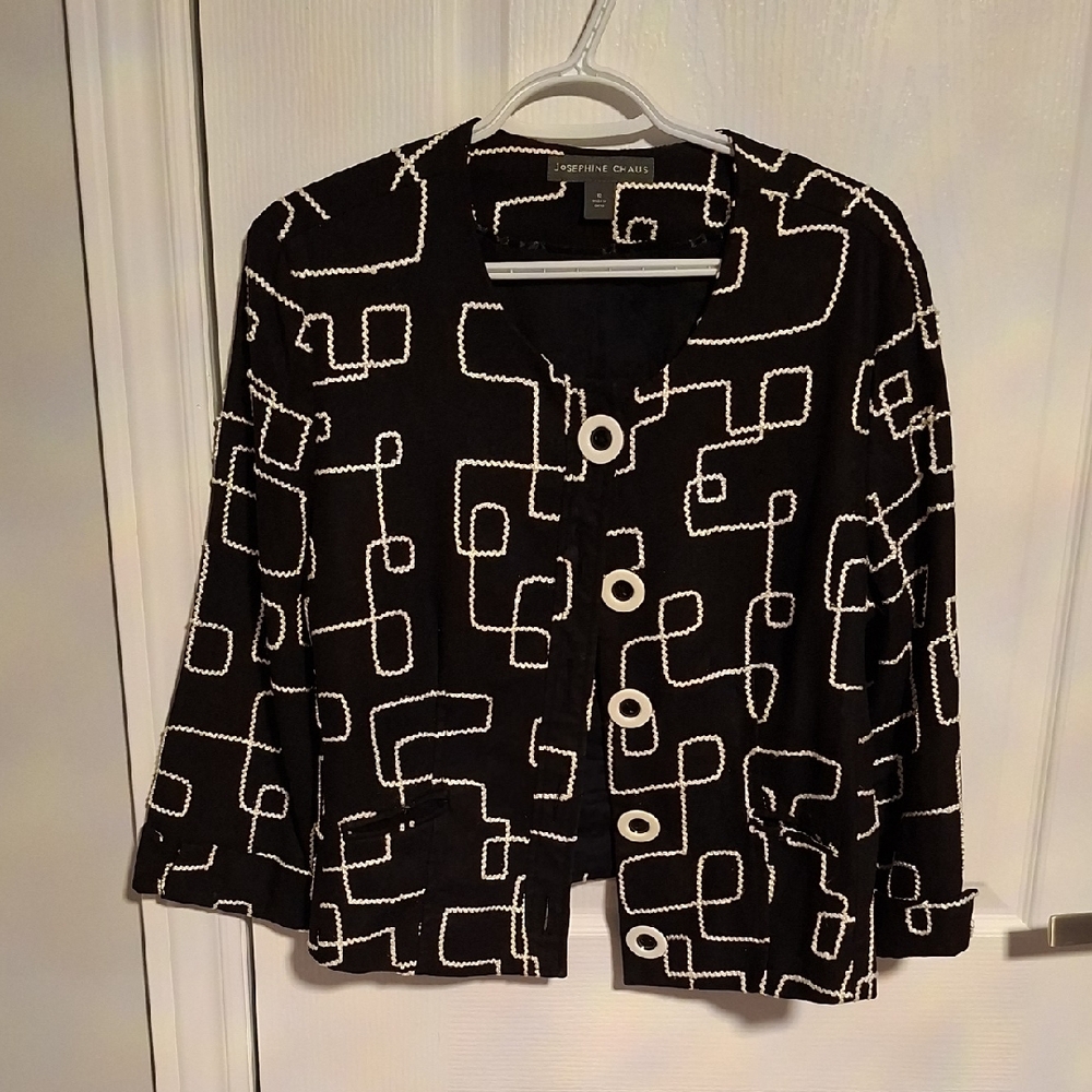 Josephine Chaus Black Jacket‎ with White Geometric Trim Buttons